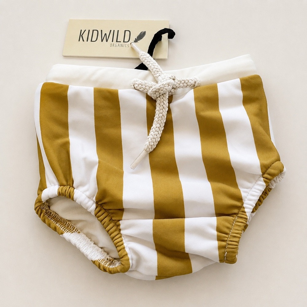 Kidwild Organics Baby Swim‎ Trunks Unisex 0-6M Mustard Stripe Organic Cotton NWT